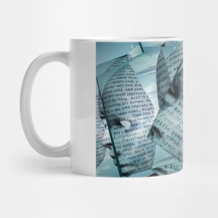 Humanlike faces covered in text Mug